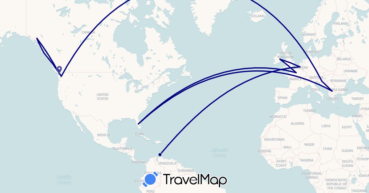 TravelMap itinerary: driving in Aruba, Belgium, Canada, France, Croatia, Ireland, Macedonia, United States (Europe, North America)